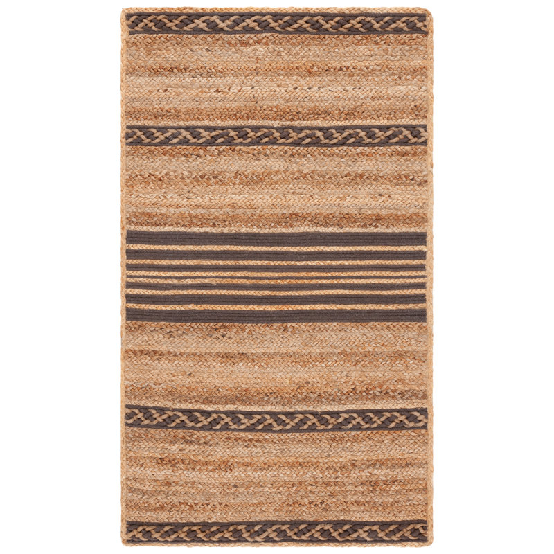 Tapis en jute / coton rayé brun en fibres naturelles Dequawn, Rectangle 3 pi x 5 pi