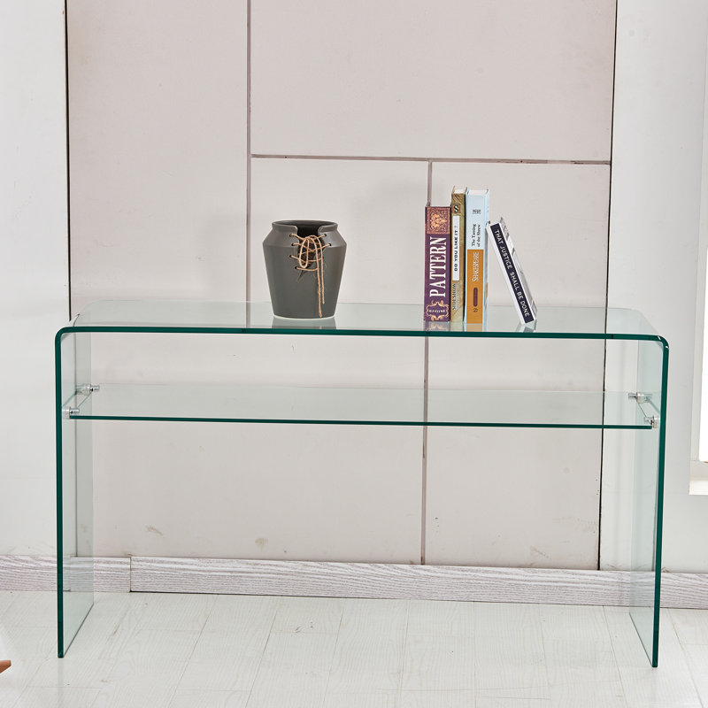 Console en verre, console en verre trempé transparent avec bureaux à bords arrondis, table de canapé
