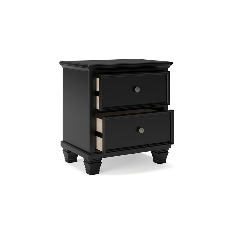Lemo Nightstand, 2 Wide Drawers, Nickel Round Knobs, Black Solid Wood