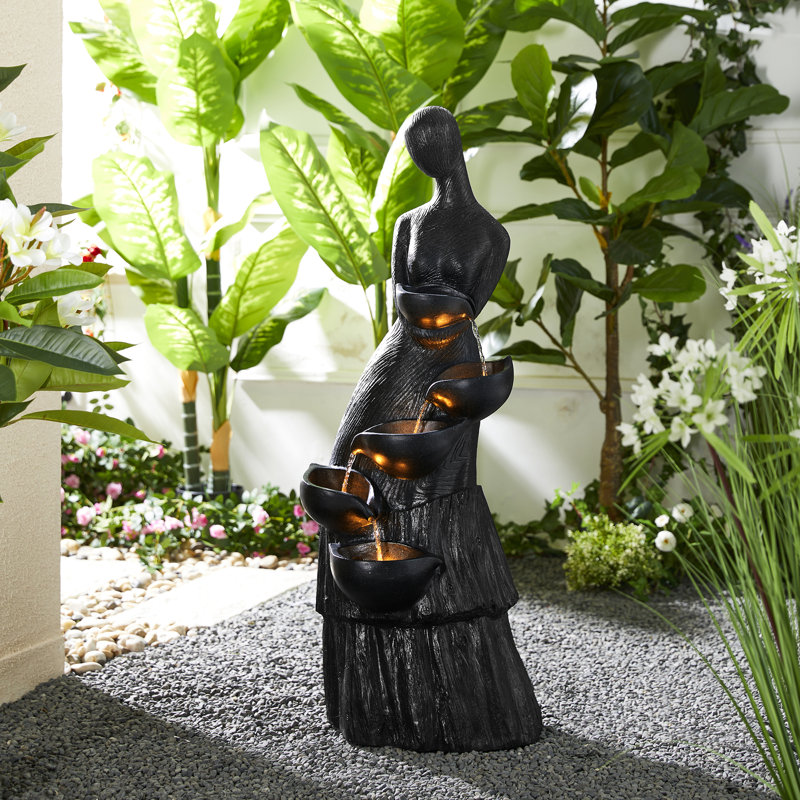 Fontaines d'extérieur avec lumières DEL - Figurine d'eau en résine à 5 niveaux à motif abstrait moderne à 39,75 po de hauteur pour jardin et patio