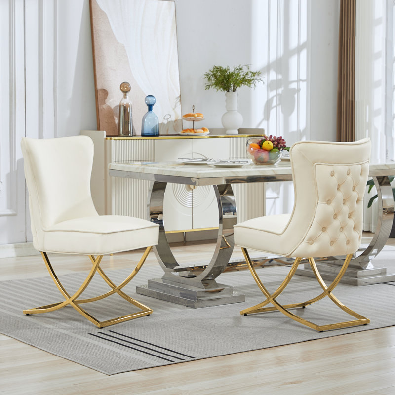 Chaise parsons rembourrée en velours capitonné Chary, Beige