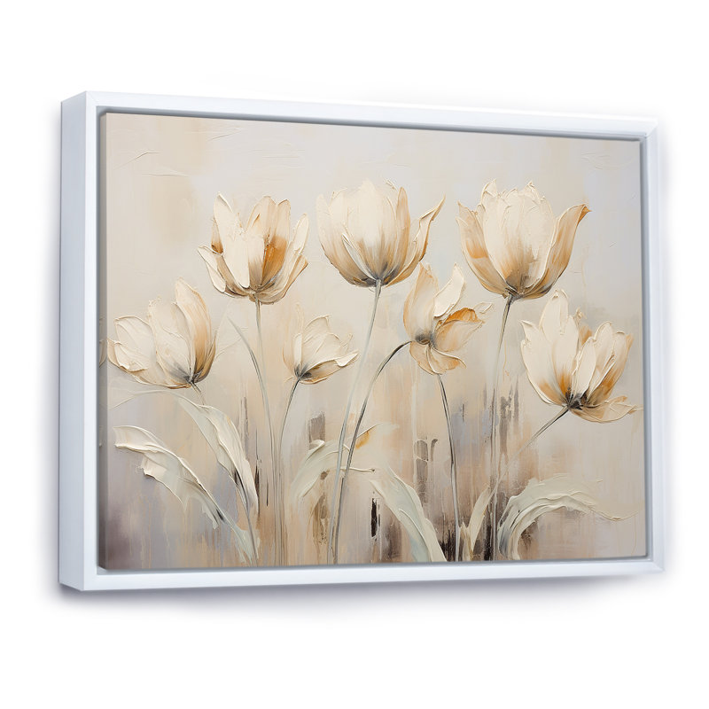 Beige embelli des tulipes Symphony I - tulipes, art mural, Cadre flottant blanc, H 12 po x l 20 po x P 1 po