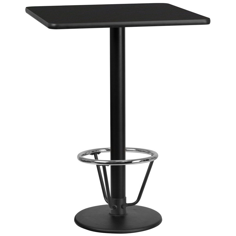 Basnight Rectangular Laminate Table Top with Round Bar Height Table Base and Foot Ring, Black, 43.125" H x 24" W x 24" D