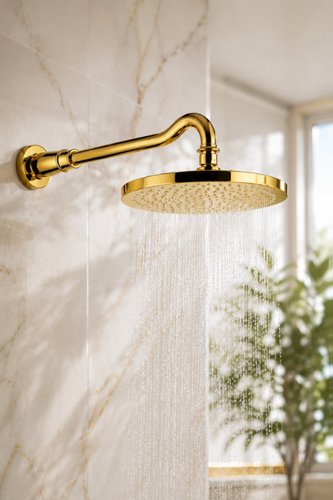Modern polished gold wall-mounted rain shower head with water spraying against marble tile bathroom walls.
