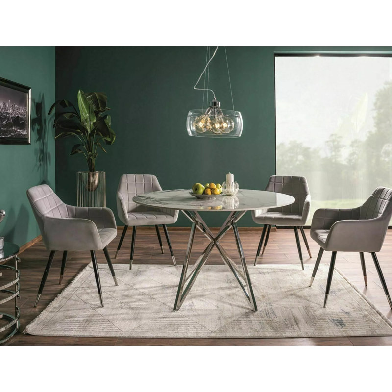 Charda 90 cm Round Dining Table, White, Chrome