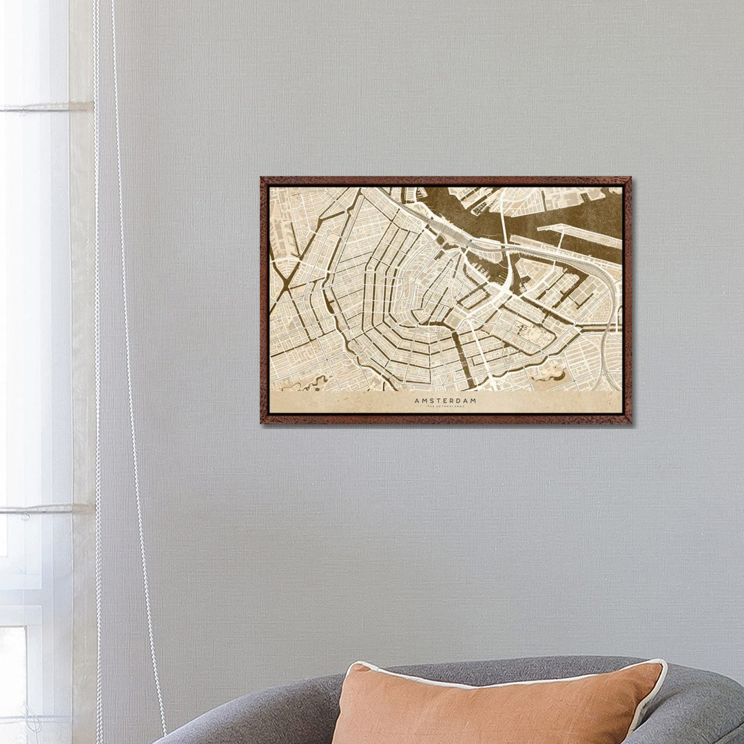 Sepia Vintage Map Of Amsterdam von Blursbyai - Galerie-verpackte Leinwand Giclée auf Leinwand