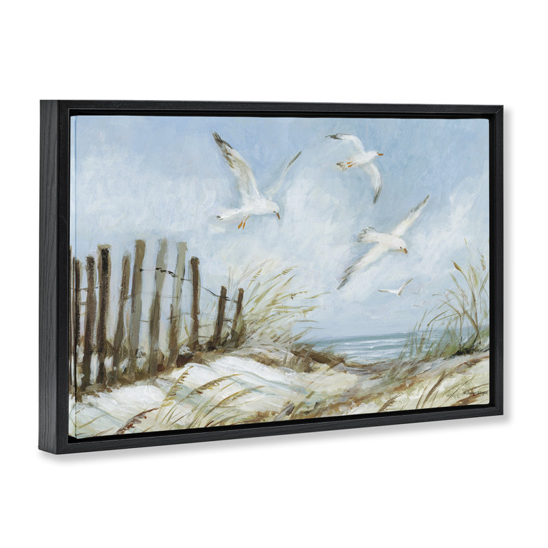 "Seagulls Over Beach Path", art mural par Susan Winget, Cadre flottant noir de jais, H 17 po x l 25 po
