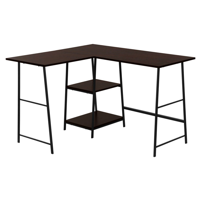 Bureau d'ordinateur en forme de L pour bureau à domicile, l 48 po, stratifié brun, métal noir, avec rangement amélioré, aspect moderne
