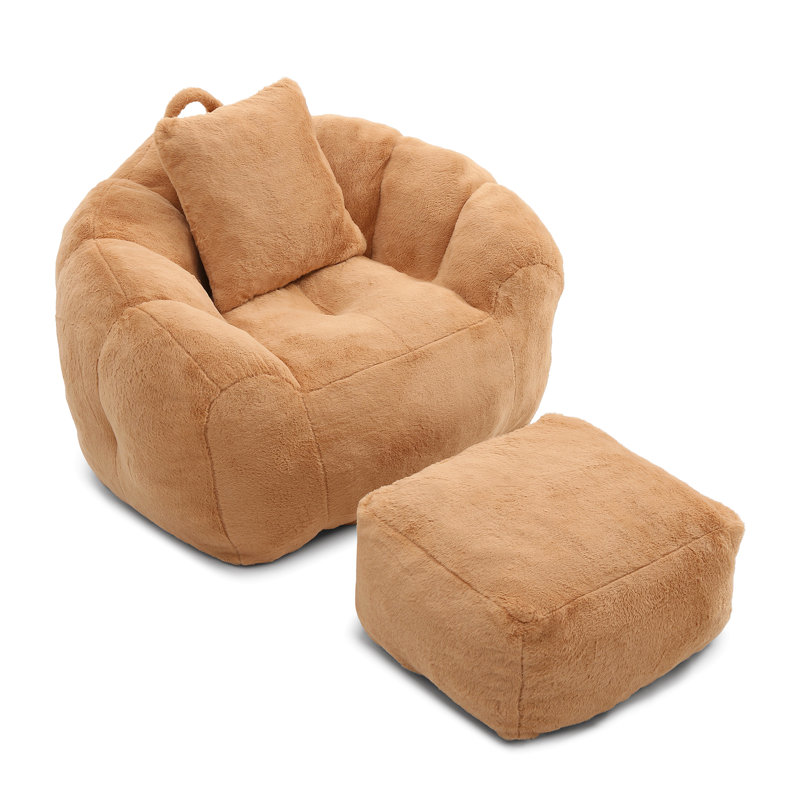 Bean Bag Chair With Footstool, Oversized Bean Bag  For Adults And Kids, Faux Fur Shell-Shaped Large Chair With Filler, Stuffed Big Accent Sofa,  Floor Sofa For Gaming,Reading Living Room Bedroom