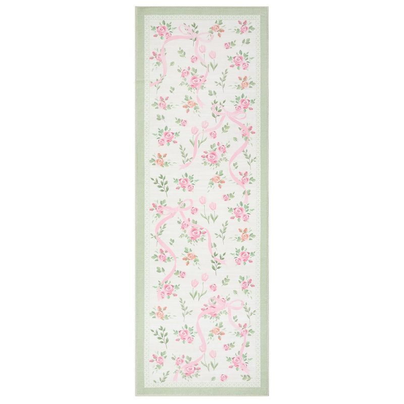 Washable Area Rug Bow Décor, Green/Pink, Runner 2'6" x 8'