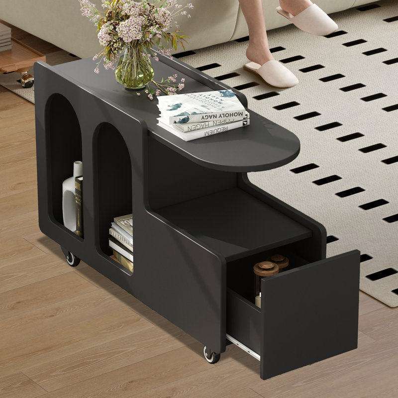 Mobile End Table With Lockable Wheels And Storage Drawer, Black