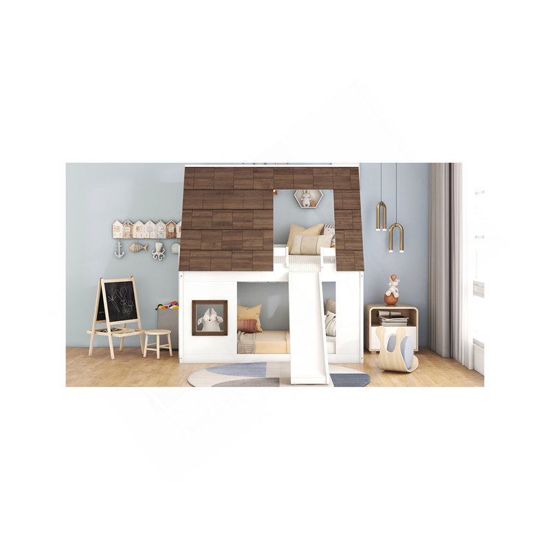 Lit superposé simple en bois avec toit, échelle et glissade, blanc et brun