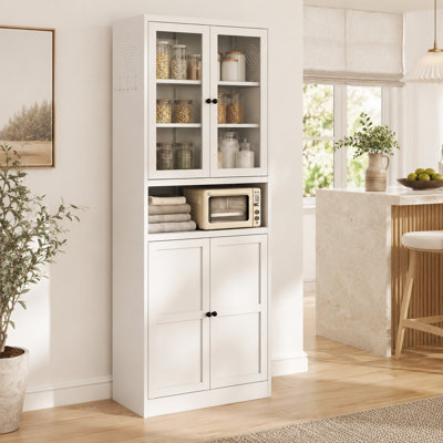 White 72 Inch 2 Door Metal Pantry Cabinet with Tempered Glass Doors, 5 Adjustable Shelves and Hooks for Kitchen