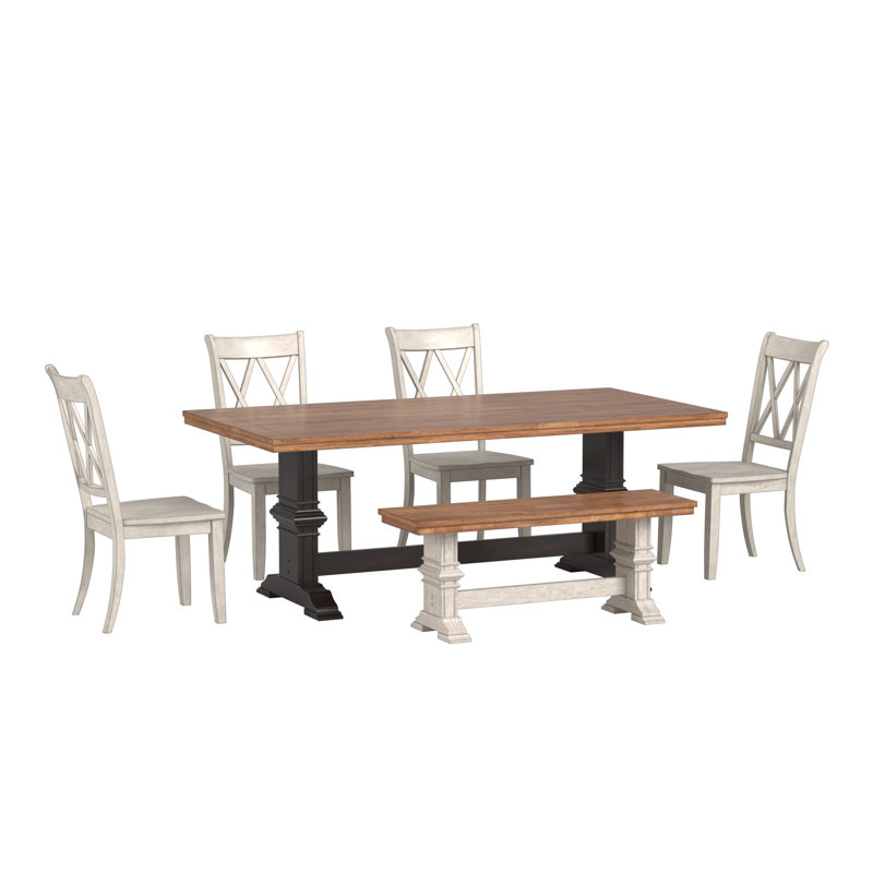 Fortville 78" Solid Wood Oak Finish Top Dining Set With X-Back Chairs - 7-Piece, Antique Black Base Table, Antique White Base Chairs And Bench