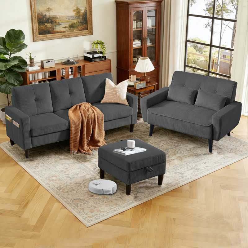 Sukrit 3 - Piece Corduroy Living Room Set, Dark Gray