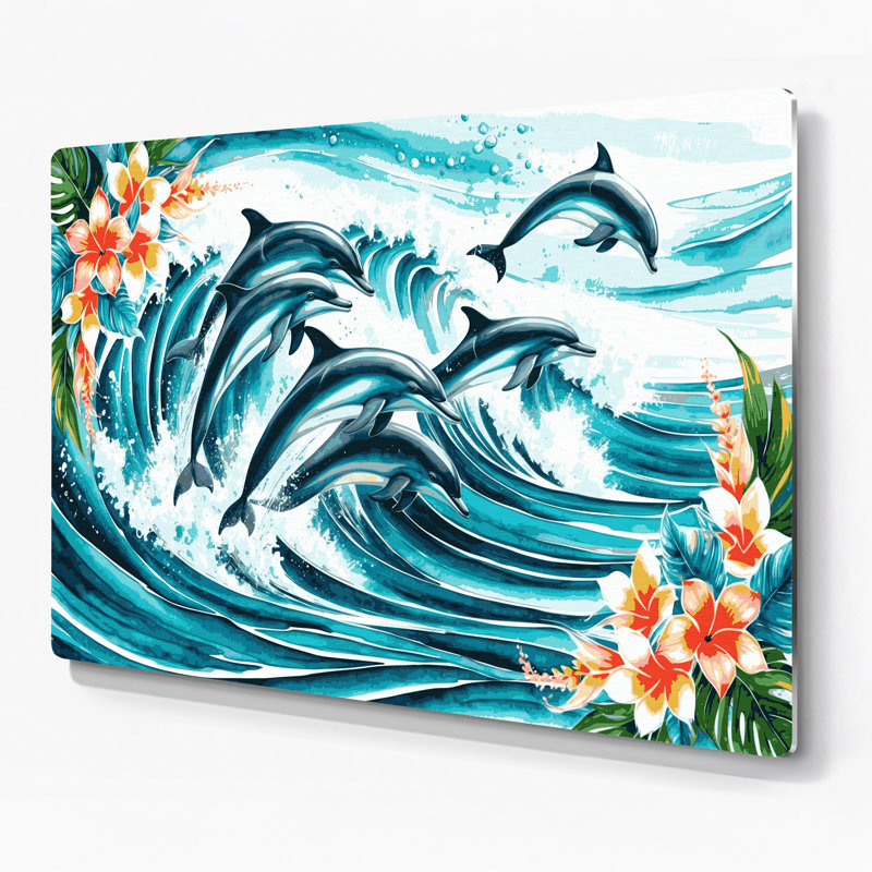 «Hawaiian Leaping Dolphins», art mural en métal bleu, H 16 po x l 20 po