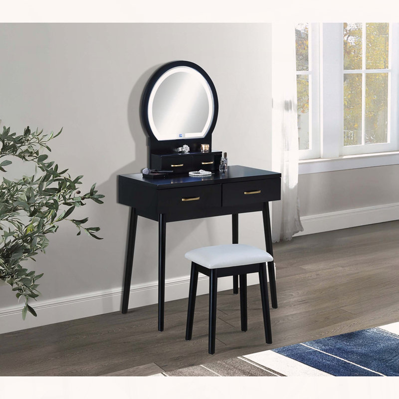 Table de coiffeuse avec miroir à DEL et accents dorés, Noir