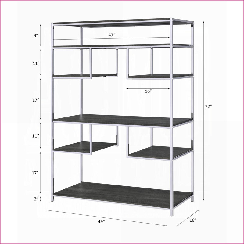 Bookshelf, 8-Shelf Rustic Grey Oak &amp; Chrome Silver, 72” H | Rustic Grey | Wood + Metal, Gray/Rustic