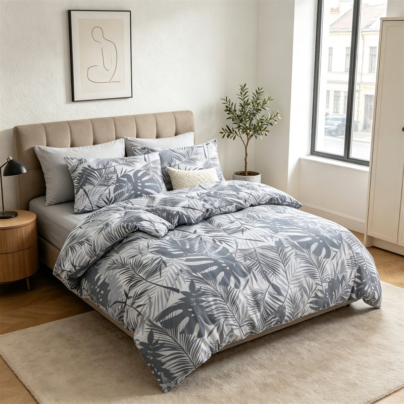 Ensemble de couette réversible noir et gris à motifs botaniques pour lit queen, 7 pièces dans un sac, Grand lit