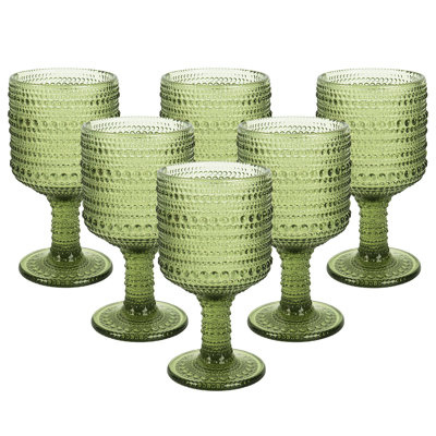 6-Piece Vintage Green Glass Goblets – 300ml Sunflower Pattern Drinking Glasses, Retro Tumbler Set for Cocktails, Juice, Water, Milk – Durable Stemless Glassware for Home, Kitchen, Party