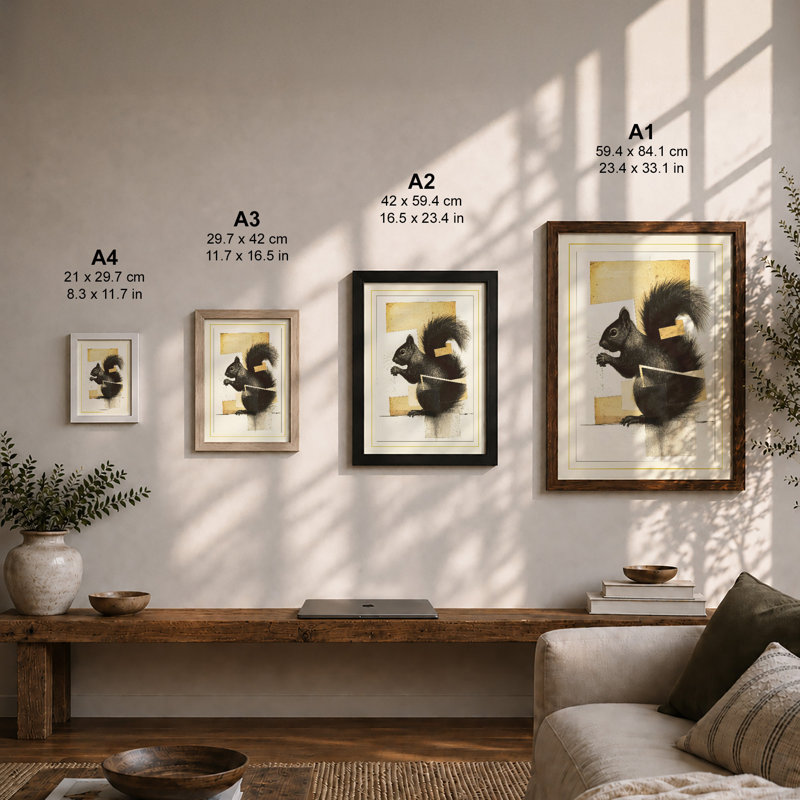 Squirrel on Branch Botanical - Framed Print, A2 - 59.4 x 42.0 cm, Oak