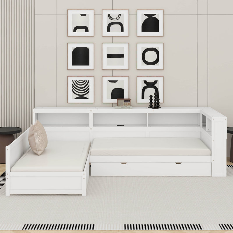 Lit plateforme simple en L avec lit gigogne et tiroir, Blanc
