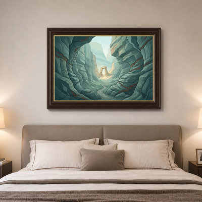 Art mural toile sarcelle et canyon brun menant à une arche de pierre