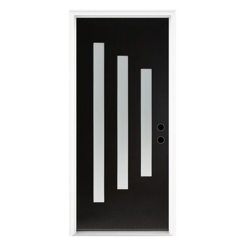 Porte d'entrée contemporaine en fibre de verre noir à 3 verres avec cadre en brique et vinyle 36 po x 80 po Contemporary