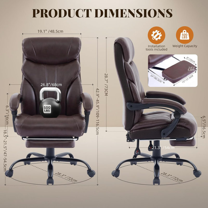 Ergonomic Office Chair, Wide PU Leather Gaming Chair with 90°-135° Reclining Backrest, 360° Swivel Wheels, Adjustable Height, 350 Lbs Capacity