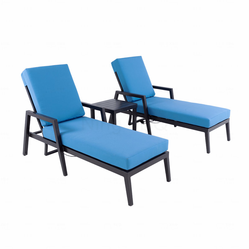 3Pc Chaise Lounge Set Black Outdoor Aluminum Patio Furniture , 2 Chaise & 1 End Table With Modern Tapered Feet Pneumatic Adjustable Backrest For Effortless Reclining Wheels Sunbrella Cushion Ember