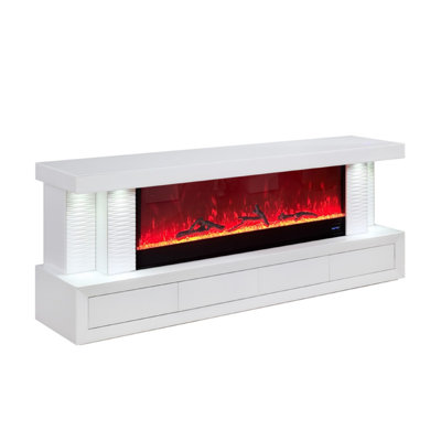 Console de foyer électrique Cere, haut-parleur Bluetooth, bois blanc de 71 pouces Cere