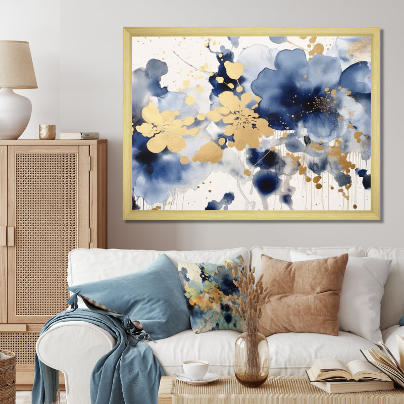 Fleurs bleues et lilas sur toile, Encadrement doré, H 16 po x l 32 po x P 1 po