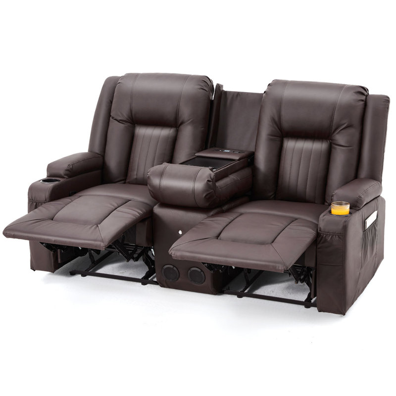 Recliner Loveseat With Console&Bluetooth Speakers, Manual Rv Loveseat Reclining Sofa, Brown