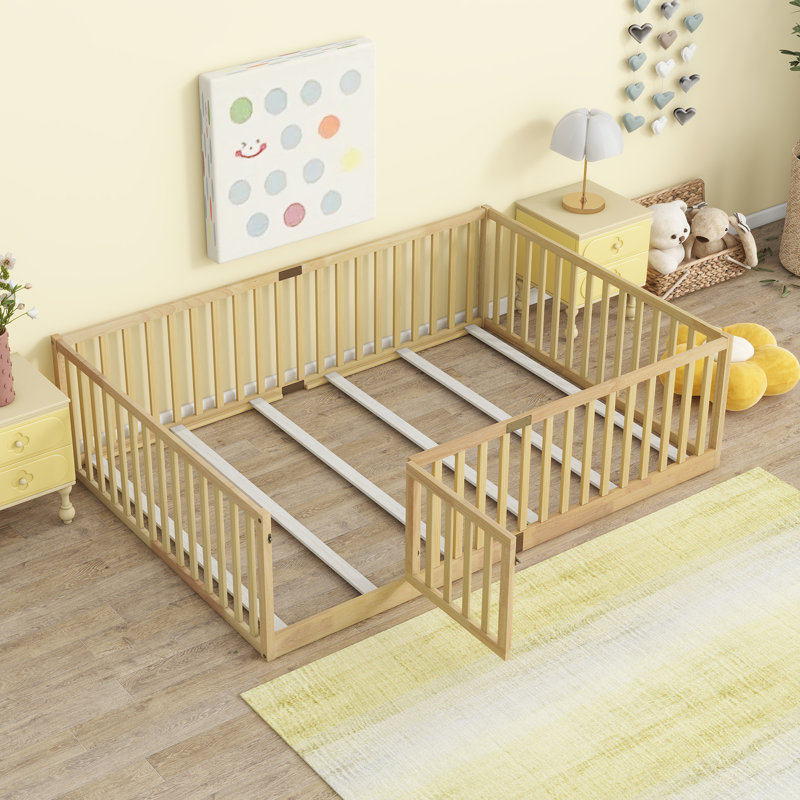Kids Floor Bed With High Fence And Lockable Door Solid Wood Platforms Standard Bed, Natural, Full