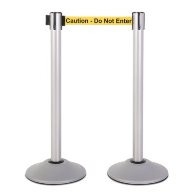 Silver Heavy Duty Premium Steel Stanchion with 7.5-Foot Retractable Yellow "Caution" Belt, 2 pack