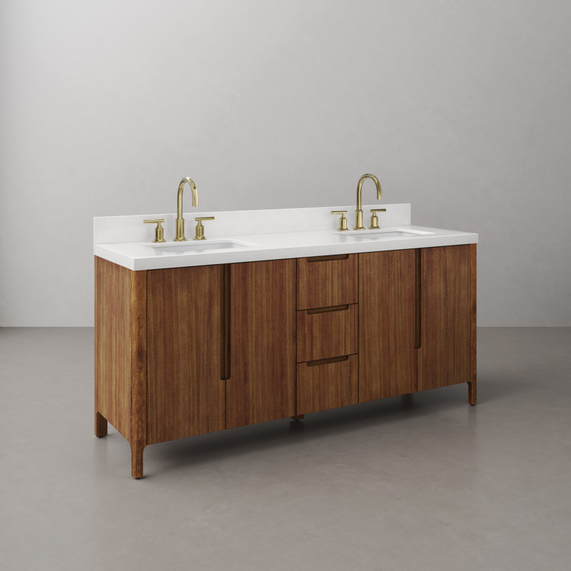 Sequoia 72 In. Double Sink Whitebrook Quartz Countertop Bath Vanity in Mango Wood With Chrome Faucet, Noir Juglans, Gold