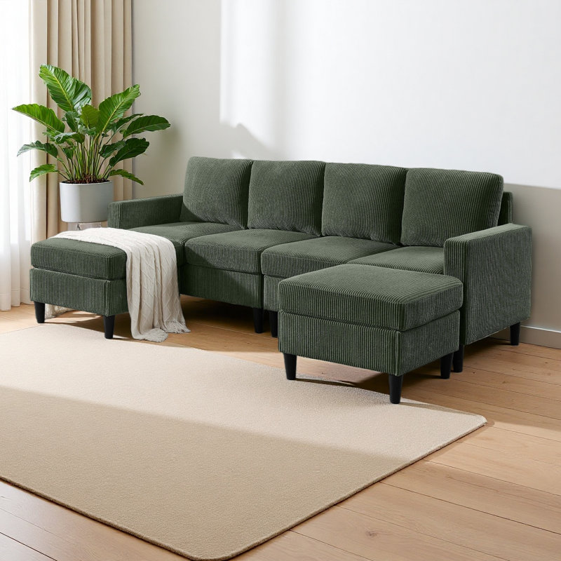 Upholstered Modular Sectional With 2 Ottomans, Dark Green