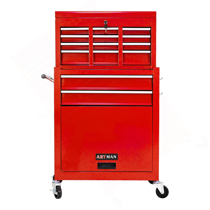 Coffre à outils grande capacité avec roulettes et tiroirs, armoire de rangement pour outils à 8 tiroirs - Rouge, Rouge