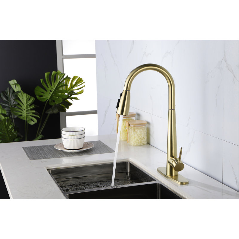 Robinet de cuisine en acier inoxydable de couleur dorée, rétractable, facile à entretenir, or d'une largeur de 8,19 po avec poignée simple à grande arche, compatible avec évier profond 9,77 po