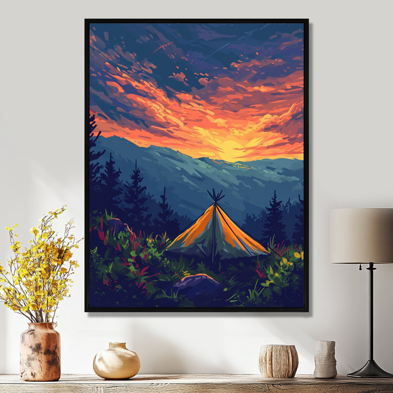«Quietude Tent Under Pink Mountain Sunset», impression d'art mural de voyage en camping, Cadre flottant noir, bois massif