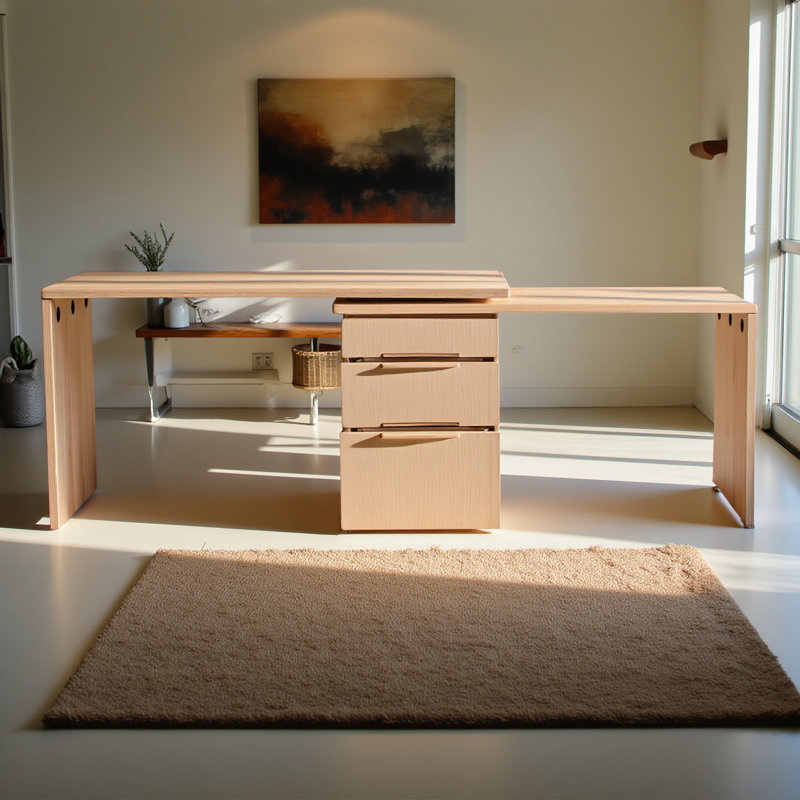 Bureau moderne en L 90 po en bois naturel avec 3 tiroirs, bureau pivotant à 360 ° en bois, bureau de direction, bureau d'angle, poste de travail pour bureau à domicile ou salon