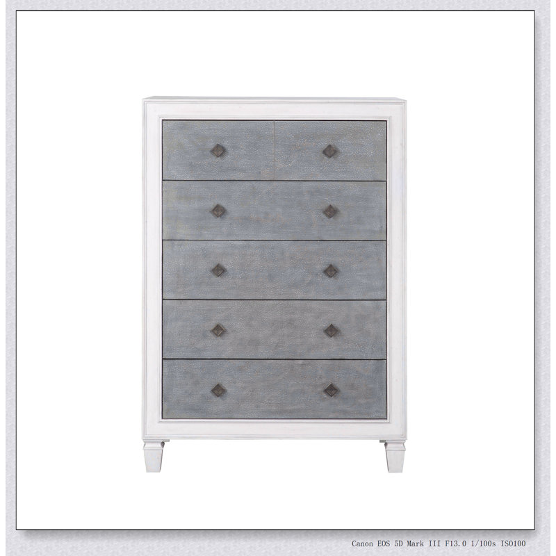 Commode Katia gris rustique et blanc vieilli avec tiroirs pleine extension et tiroir supérieur doublé de feutre