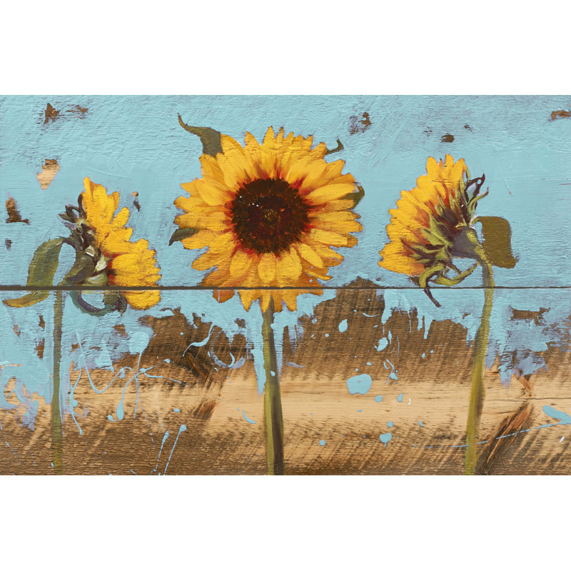 Sunflowers on Wood IV by Sandra Iafrate - Painting, 81 cm H x 122 cm W, Wrapped Canvas