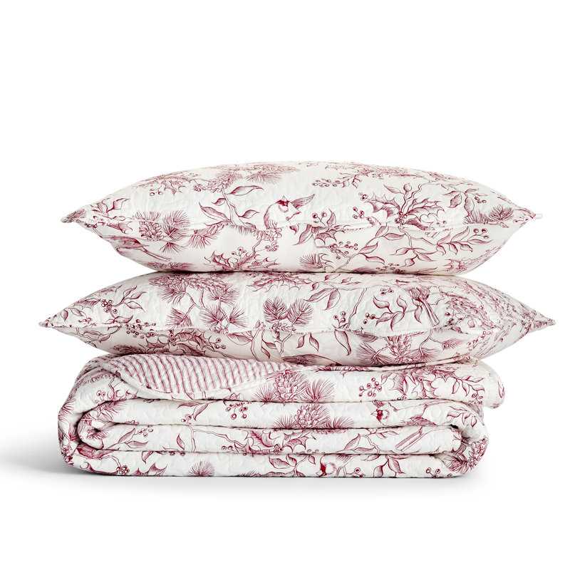 Iria Red/White Standard Cotton Reversible Quilt Set, Full/Queen Quilt + 2 Shams