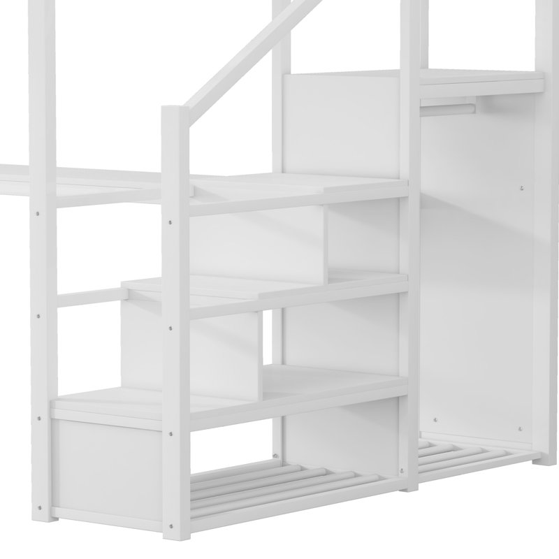 Grand lit mezzanine en métal avec bureau, station de charge et lumière, Queen, Blanc