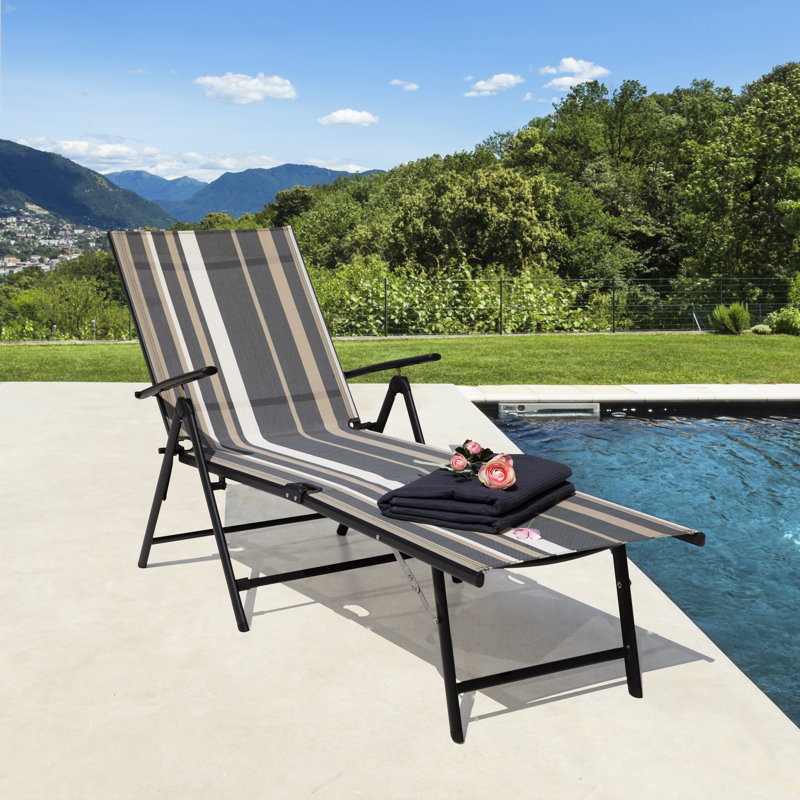 Chaise longue d'extérieur en métal Grimball, chaise longue d'extérieur pliable et sans assemblage avec dossier réglable à 7 positions, chaise longue de patio pour la piscine, rayures taupe
