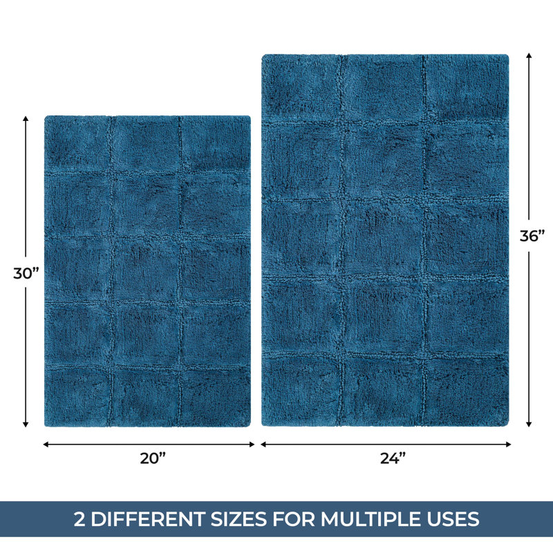 Sandcliff Checkered Cotton Non-Skid Machine Washable 2 Piece Bathroom Rug Set, Checkers Sapphire