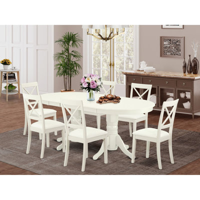 7 Piece Dining Table Set Consist of an Oval Dinner Table with Butterfly Leaf and 6 Faux Leather Dining Room Chairs, Linen White