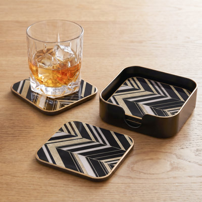 Regency Chevron Art-Deco 4-Piece Coaster Set with Storage Holder For Drinks