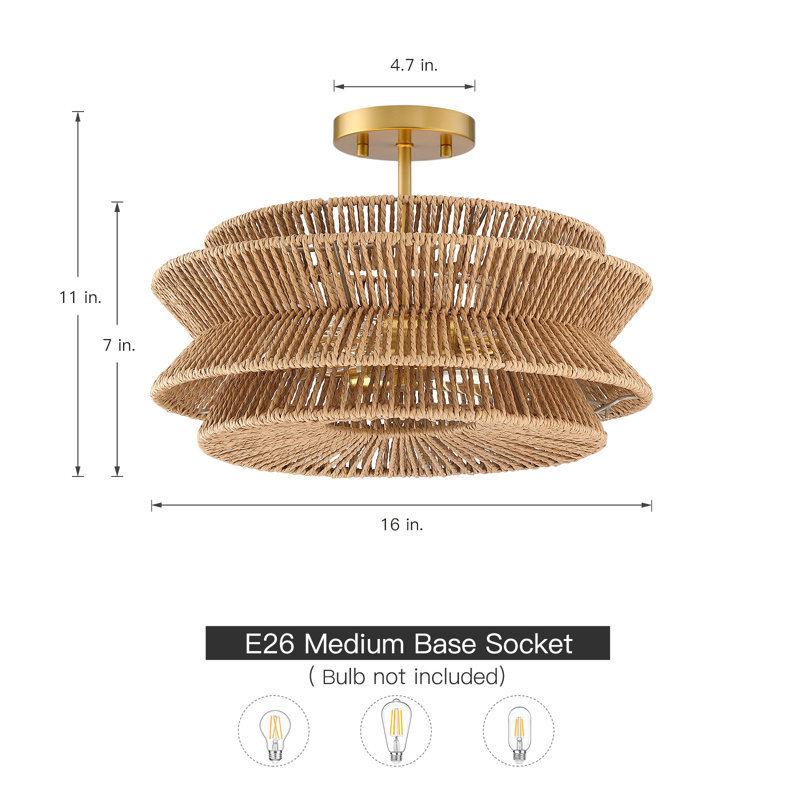 16 In. 2-light Bohemian Woven Rope Semi-flush Mount Ceiling Light, Brown